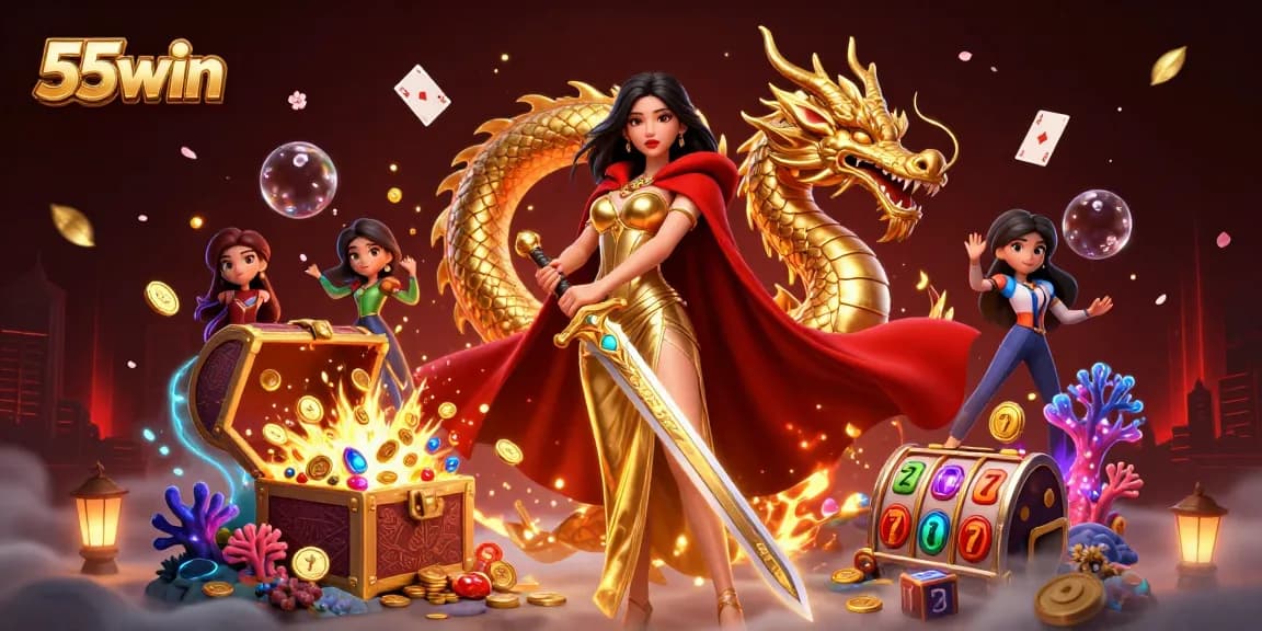 Experience thrilling gameplay at 55win with an action-packed illustration showcasing a warrior queen and gaming elements.
