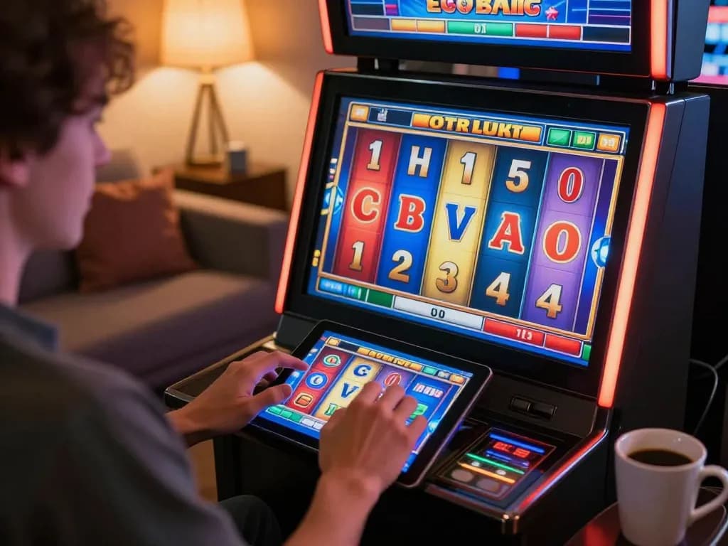 Player enjoys tr88 online slots on tablet in cozy home setting, showcasing vibrant casino experience.