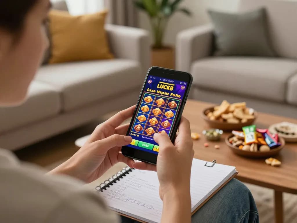 Engaging with LUCK8 mobile app during a cozy at-home gaming session, highlighting casual gambling strategy.