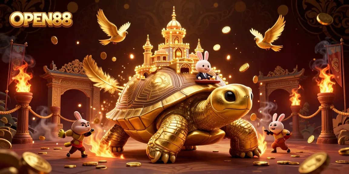 Join the excitement of OPEN88 gaming with a golden tortoise casino scene featuring a rabbit dealer.