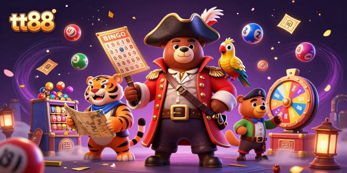 Join the adventure with tt88 in this colorful casino-themed illustration, featuring dynamic lottery elements.