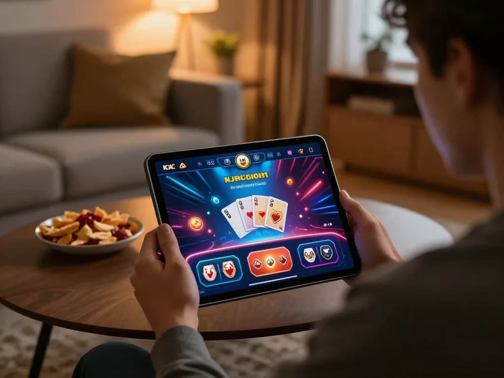 KJC Global gaming experience with user engaged in online casino gameplay on a tablet in a cozy home setting.