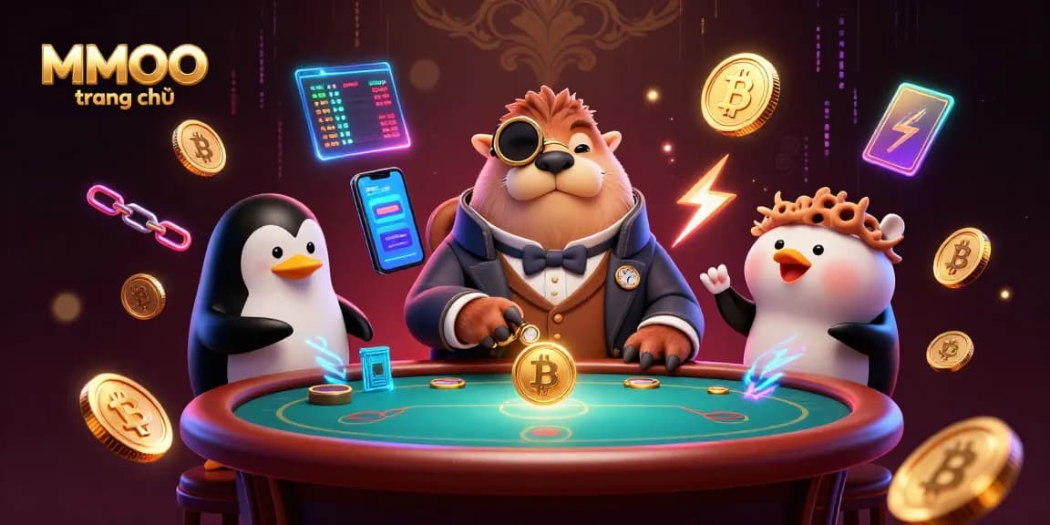 Engage with MMOO trang chủ: a cartoon walrus at an underwater casino table facing a bluffing pufferfish player.