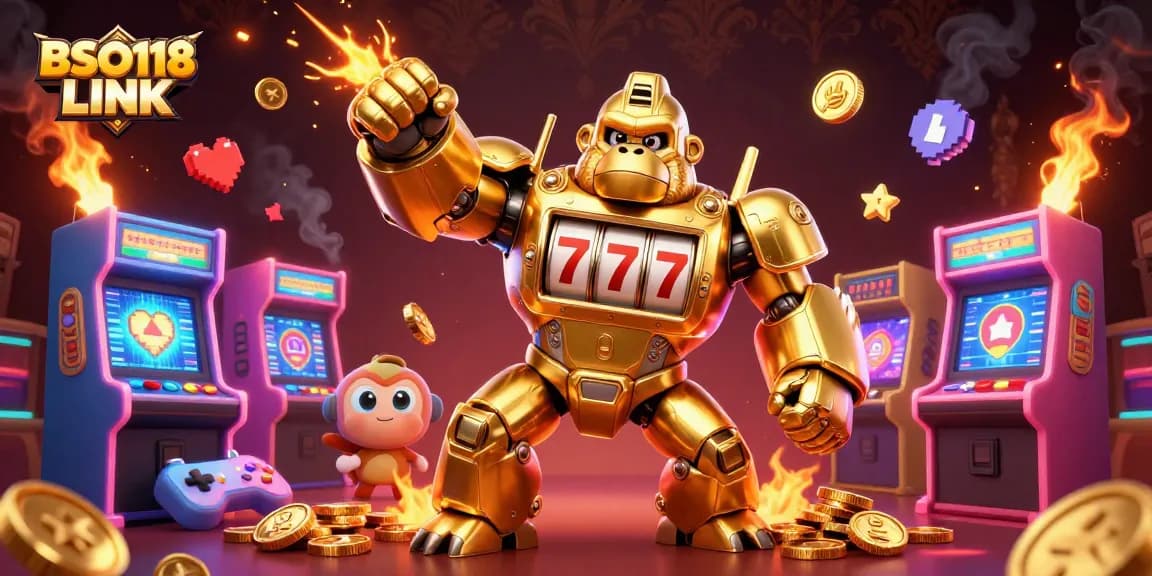 Engage with BSO118 LINK and spin the reels with the golden gorilla mech in a vibrant casino adventure.