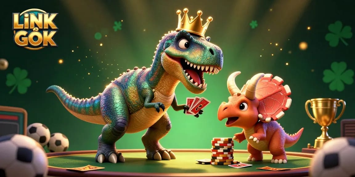 Engage with LINK GỐC as a T-Rex shuffles cards surrounded by vibrant sports betting elements.