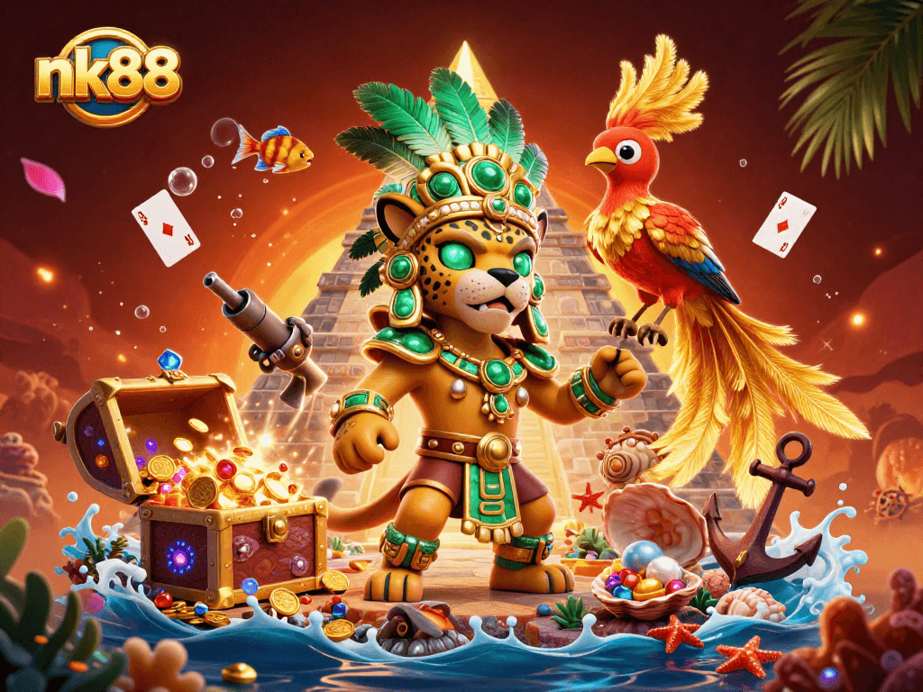 Engage with nk88 casino magic through Mayan priest and treasures in vibrant 3D scene.