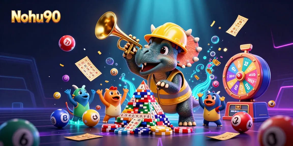 Nohu90 features a playful 3D scene with animated characters celebrating a jackpot in a lively casino atmosphere.