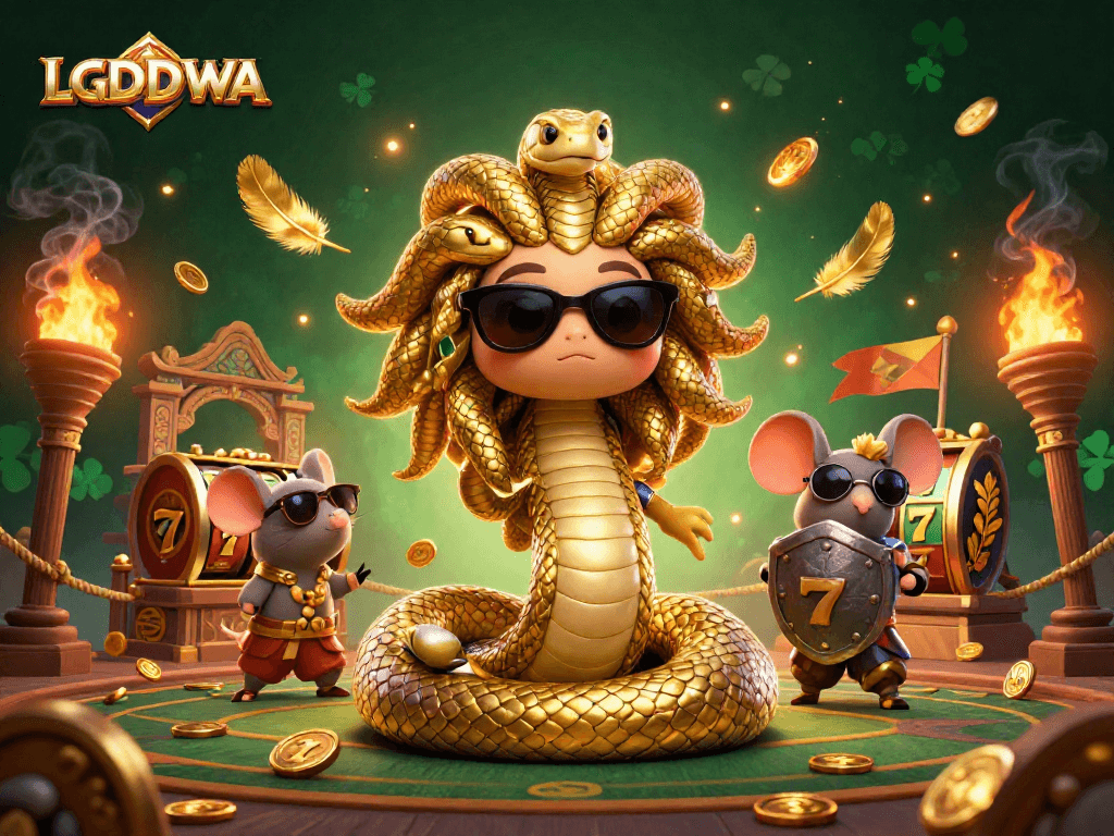 Experience exciting gameplay at LGODEWA with this vibrant 3D illustration featuring fun Medusa and a warrior mouse.