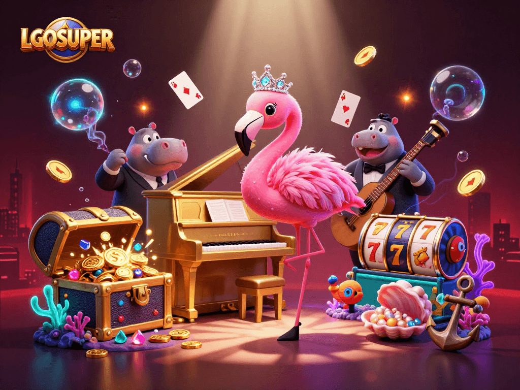Experience LGOSUPER's thrilling slot games with vibrant visuals and dynamic characters in this underwater casino scene.