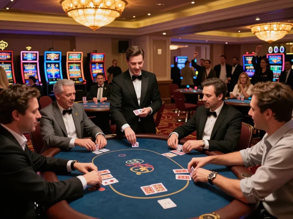 Duitgini showcases high-stakes poker action on a vibrant casino floor filled with excitement and luxury.