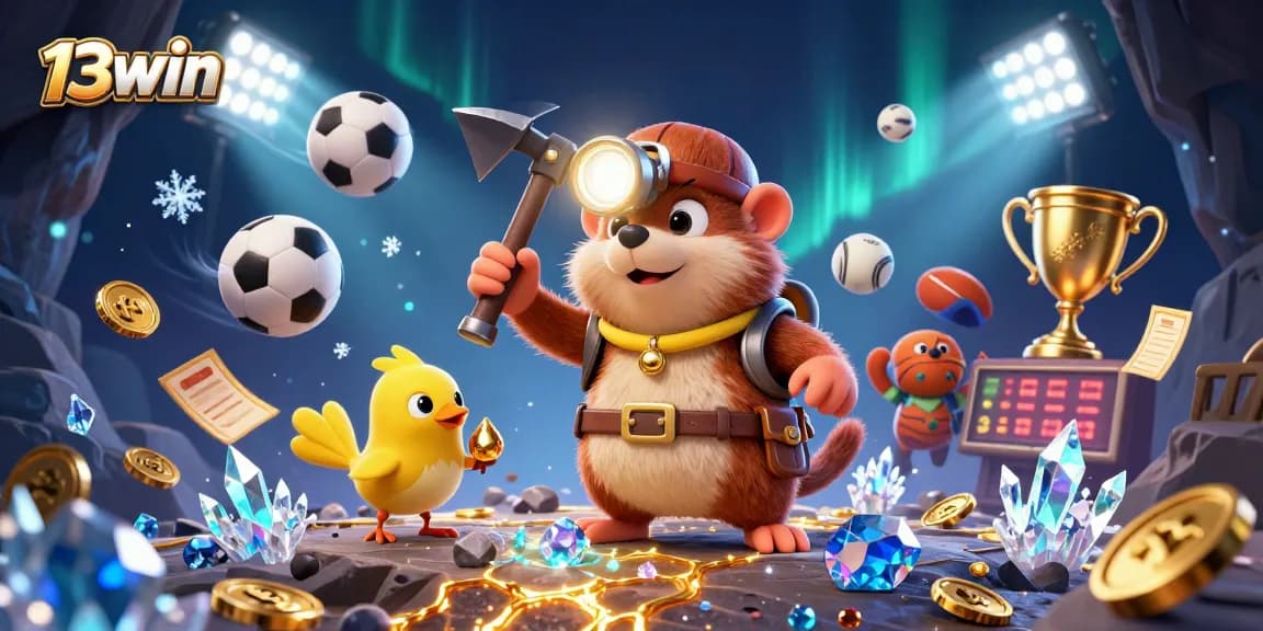 Engage with 13win in a vibrant 3D casino scene featuring a treasure hunter mole and dynamic sports elements.