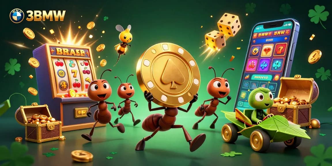 Experience thrill at 33BMW with animated ants, jackpot slots, and vibrant casino elements