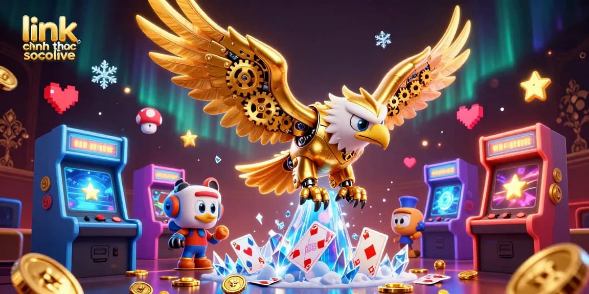 Experience excitement with link chính thức socolive as the cybernetic golden eagle dives through holographic playing cards.