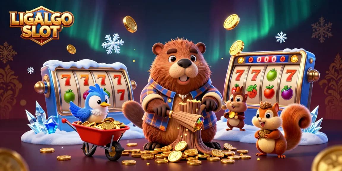 LIGALGO SLOT features a playful scene with a beaver, bird, and squirrel collecting golden coins from a slot machine.