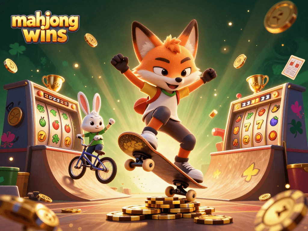 Experience mahjong wins with a lively scene featuring a skateboarder fox and BMX rabbit among vibrant casino elements.