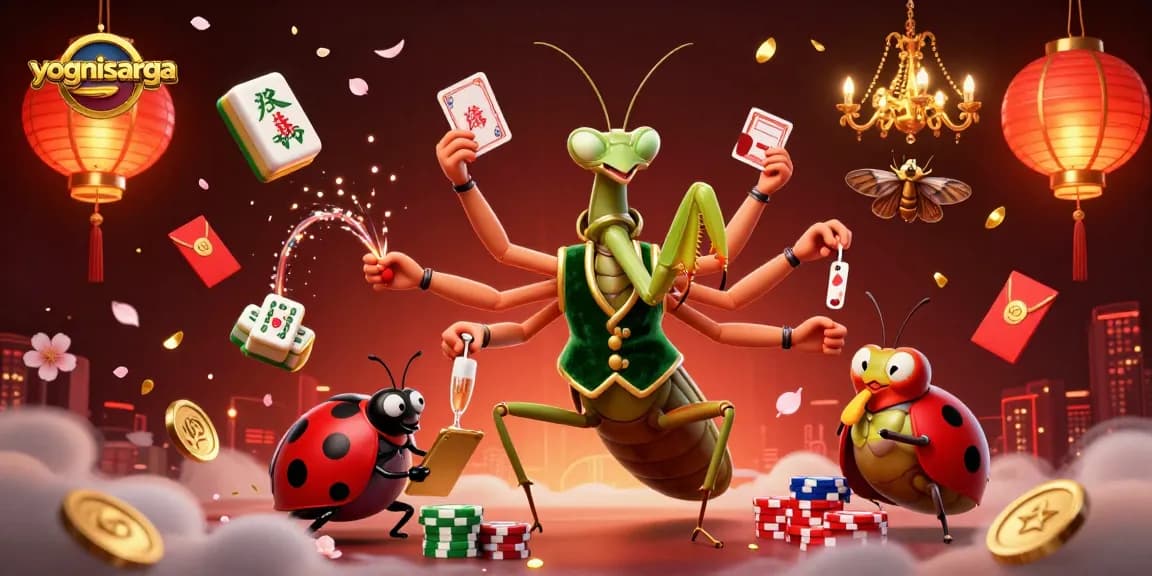 yognisarga showcases a dynamic casino scene with a praying mantis dealer and vibrant decorations.