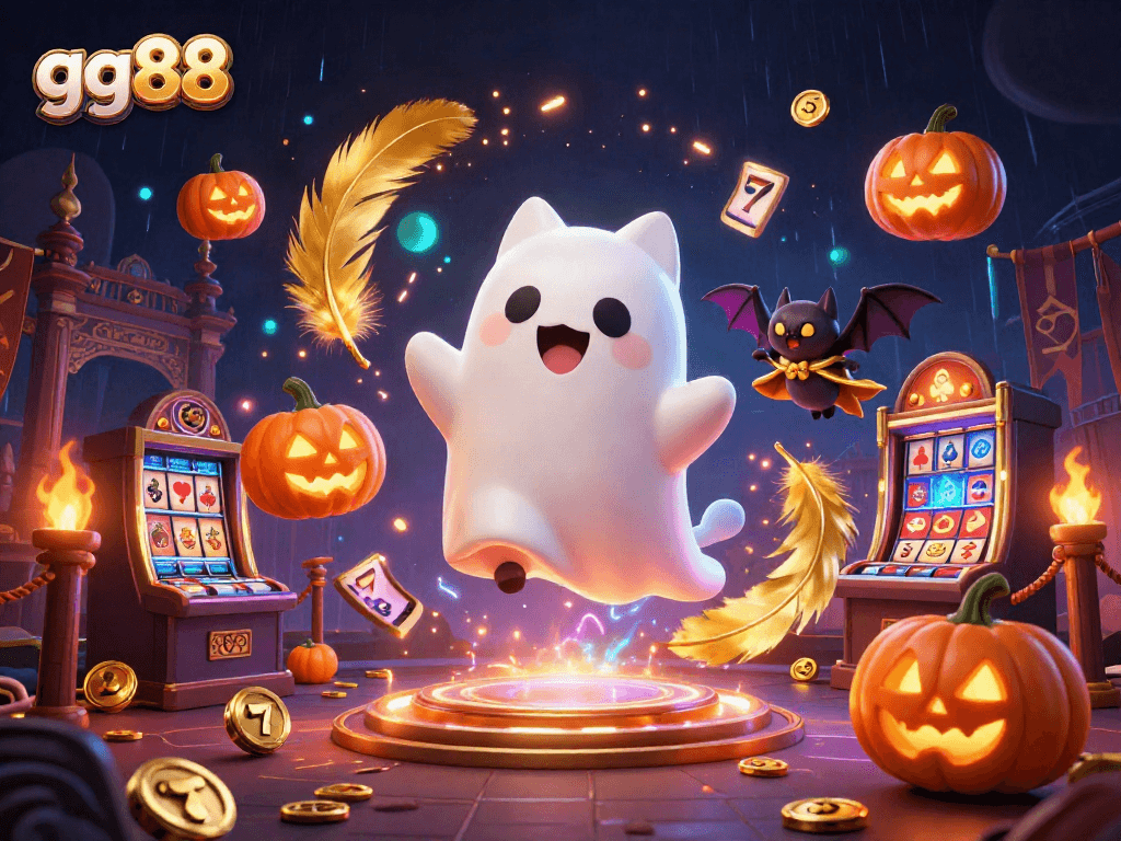 Win big at gg88 with a festive, spooky casino scene featuring ghostly characters and lucky slots!