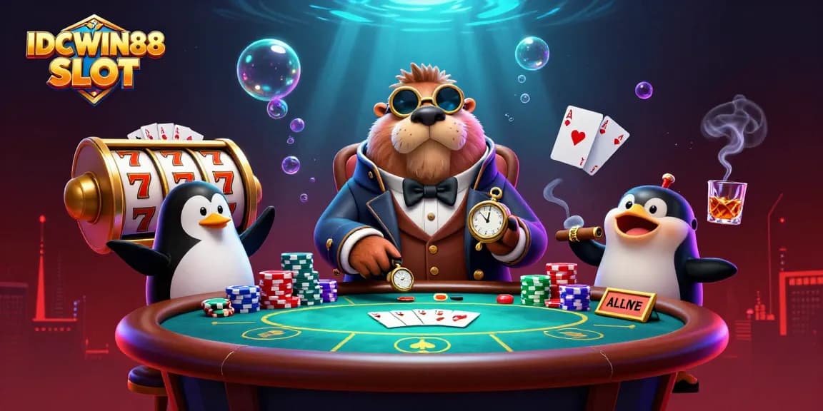 Experience thrilling gameplay with IDCWIN88 SLOT featuring a jolly walrus, penguin dealer, and a bluffing pufferfish.
