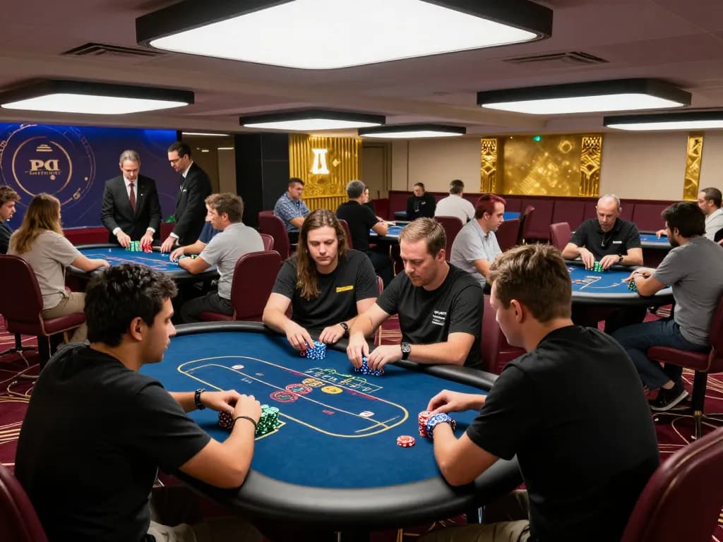 Engaged players strategize while playing poker at 789 casino, showcasing stacks of chips and intense focus.