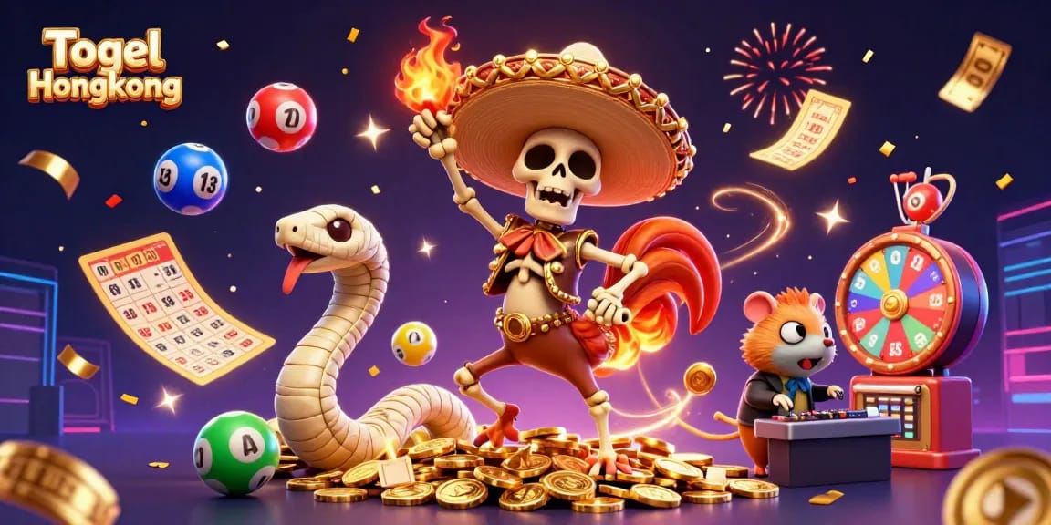 Togel Hongkong showcases vibrant lottery elements with a cartoon mariachi rooster dancing on gold coins.