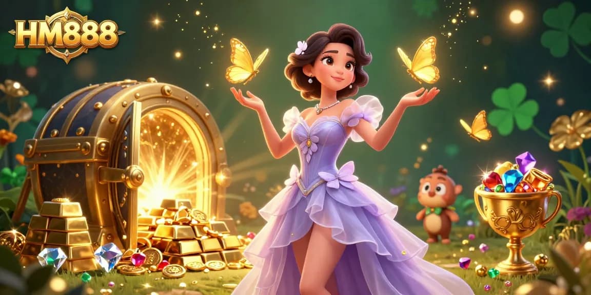 Experience thrilling gameplay with HM888 in this vibrant, dynamic casino scene featuring golden treasures and an enchanting atmosphere.