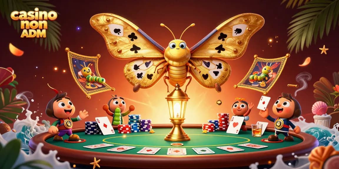 Giocando nei casino non ADM, una falena con ali dorate e giochi di carte crea magia in un'illustrazione affascinante.