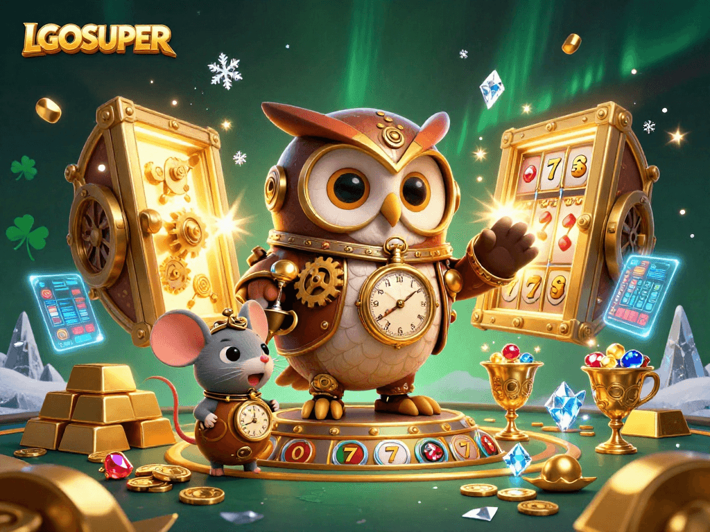 Engage with the thrilling slots experience at LGOSUPER featuring a time-traveler owl and treasure elements.