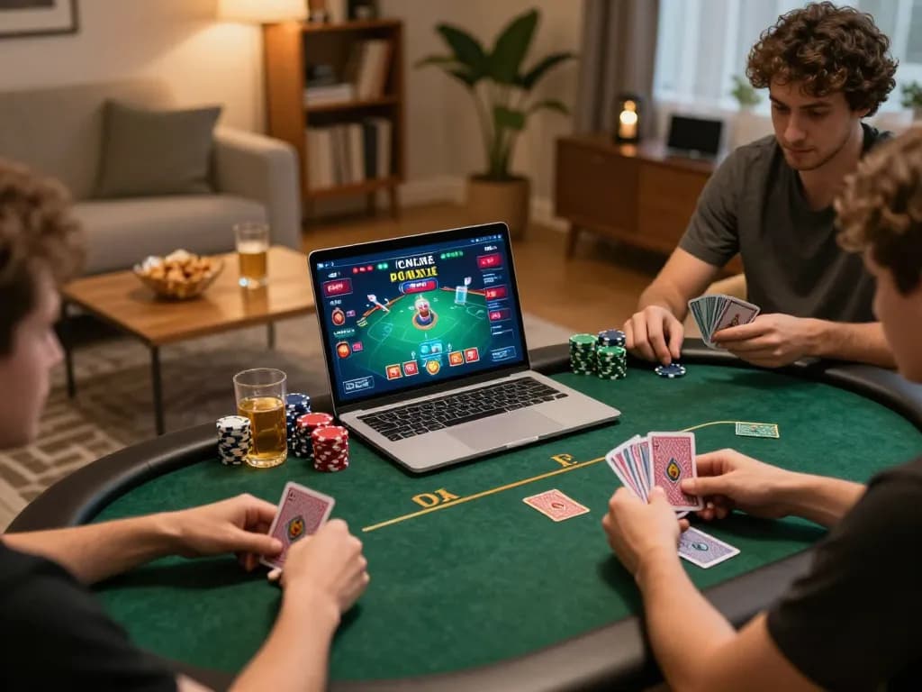 Players engaging in thrilling online poker at nhà cái gk88 on a cozy home setup, creating a welcoming gaming atmosphere.
