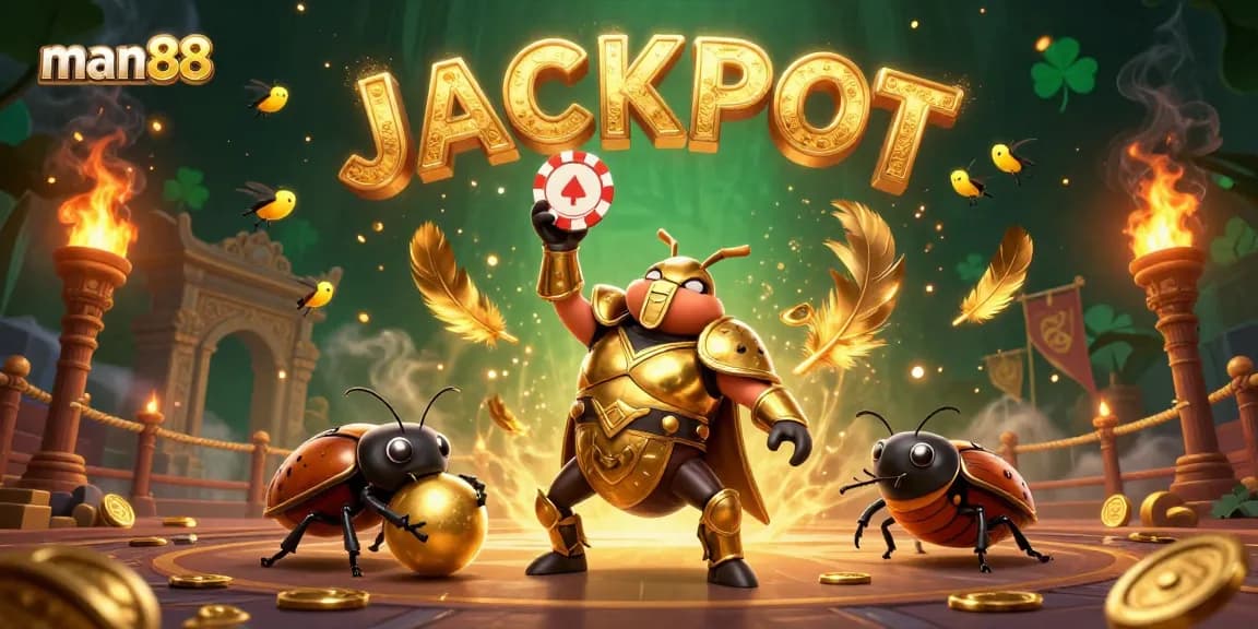 Experience the thrill of man88 at our vivid gaming arena, showcasing a winning beetle celebrating a big jackpot!