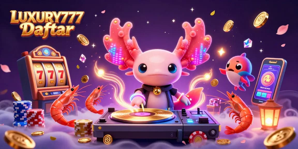 Visualisasi LUXURY777 Daftar dengan axolotl DJ dan elemen permainan slot di bawah laut.
