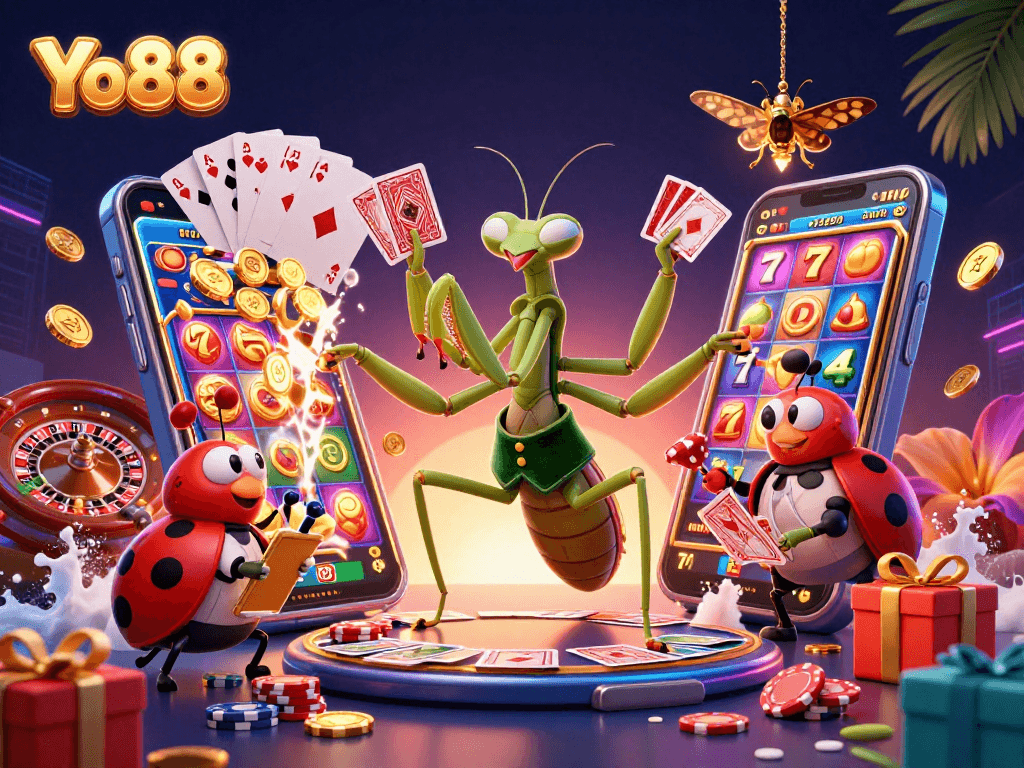 Yo88 slots illustration featuring vibrant 3D characters and dynamic casino elements.
