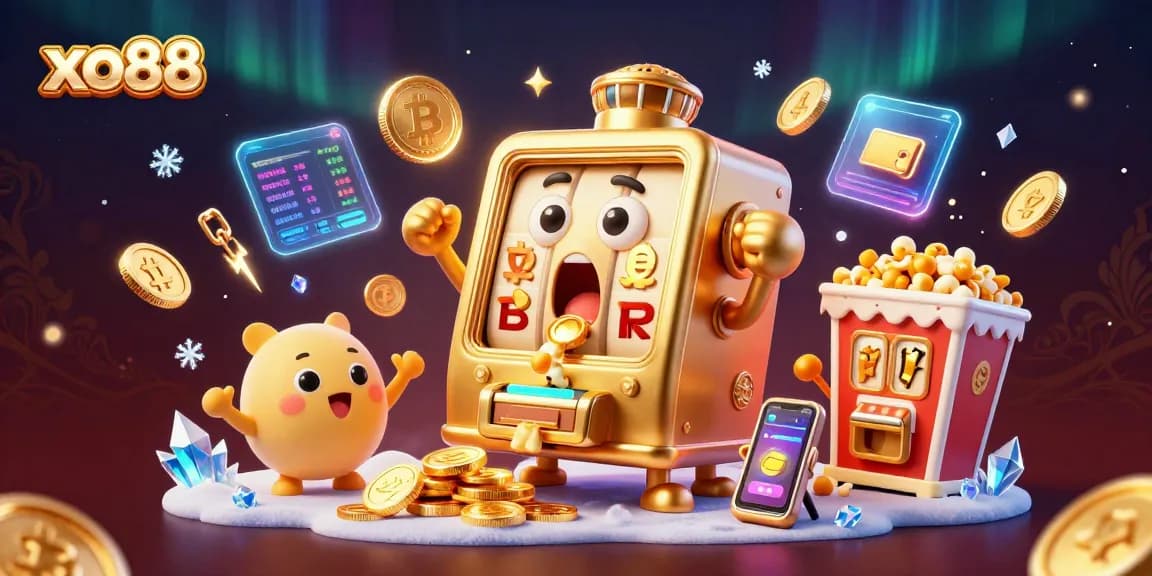 Experience the excitement of xo88 with a lucky slot machine celebrating a jackpot win amidst dazzling coins and crypto elements.