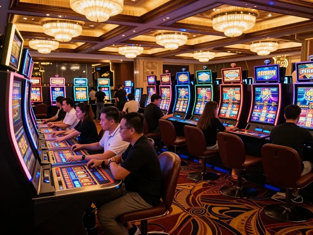 Players enjoying the excitement of slot machines at 98win casino, vibrant lights creating a lively atmosphere