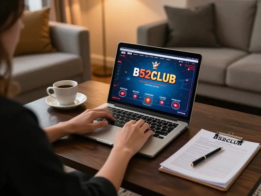 B52CLUB online poker game in cozy home gaming setup with laptop and strategy notes