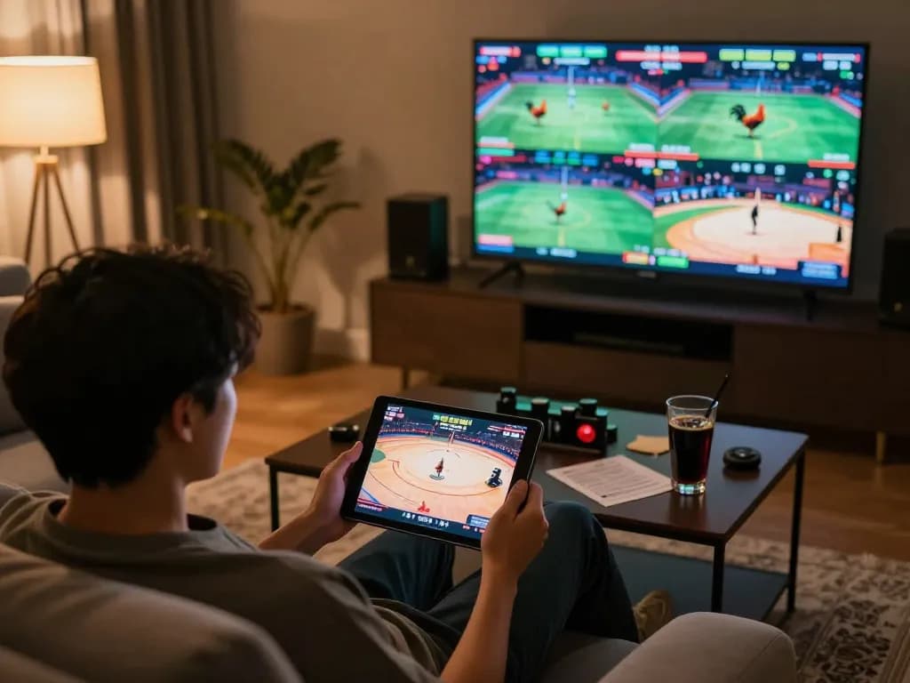 Watch trực tiếp đá gà on a tablet, showcasing live rooster fights in a cozy setting.