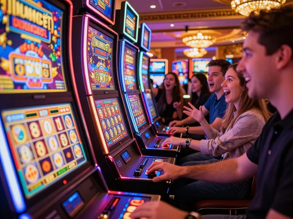Pemain bersemangat yang terlibat di mesin slot Paris merayakan kemenangan di tengah cahaya kasino yang cerah.