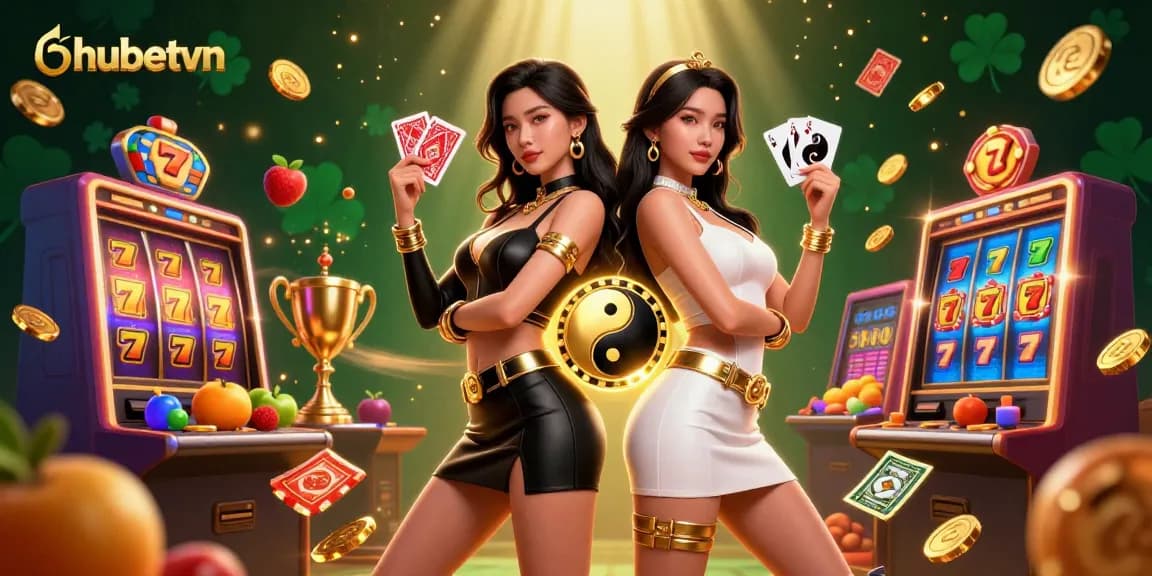 Experience thrilling gameplay at hubetvn with stunning visuals of twin Asian women and dynamic slot elements.