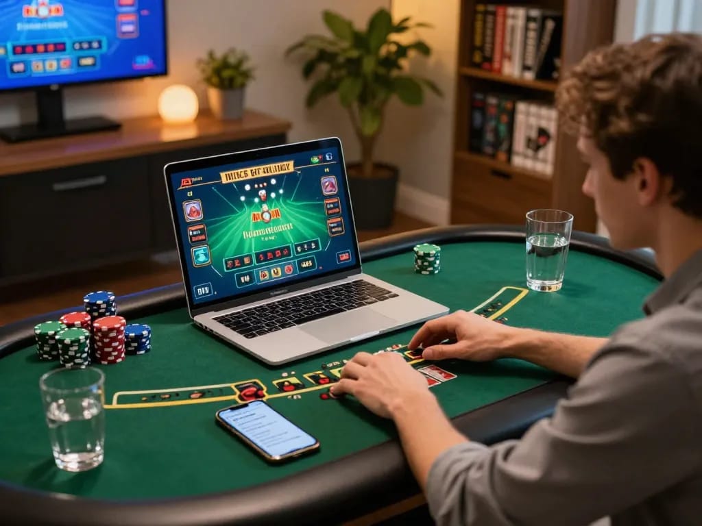LC88 player enjoying blackjack at home using laptop, showcasing strategic play and responsible gaming.