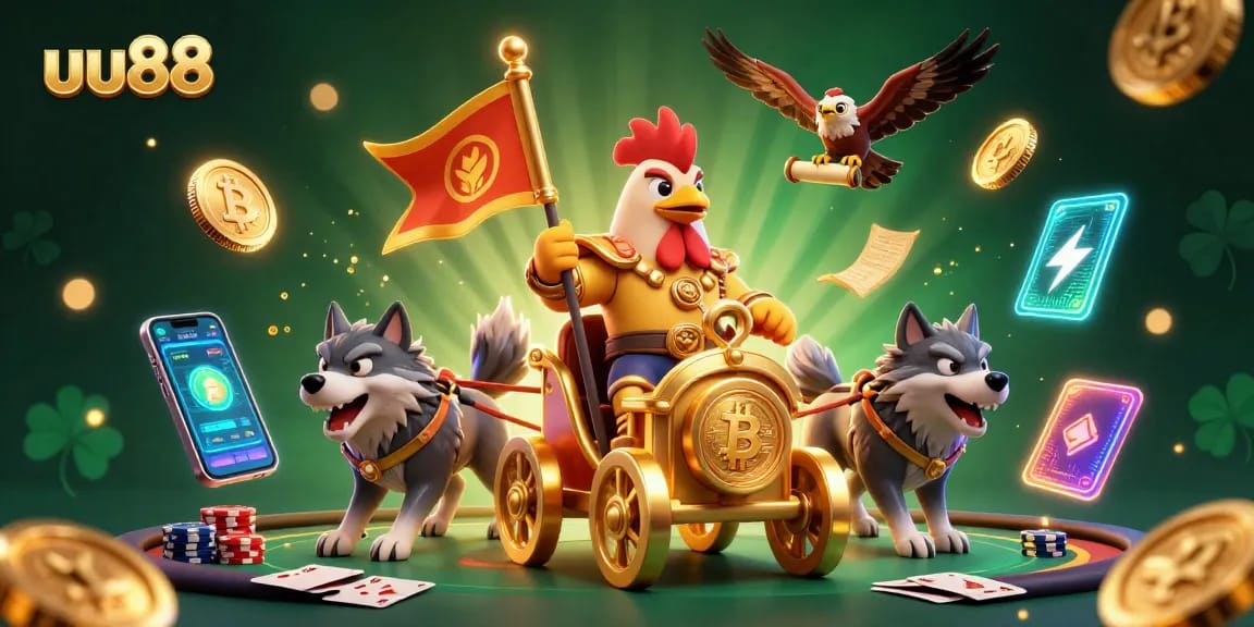 uu88 features a playful illustration with a rooster warlord, poker scenes, and glowing coins