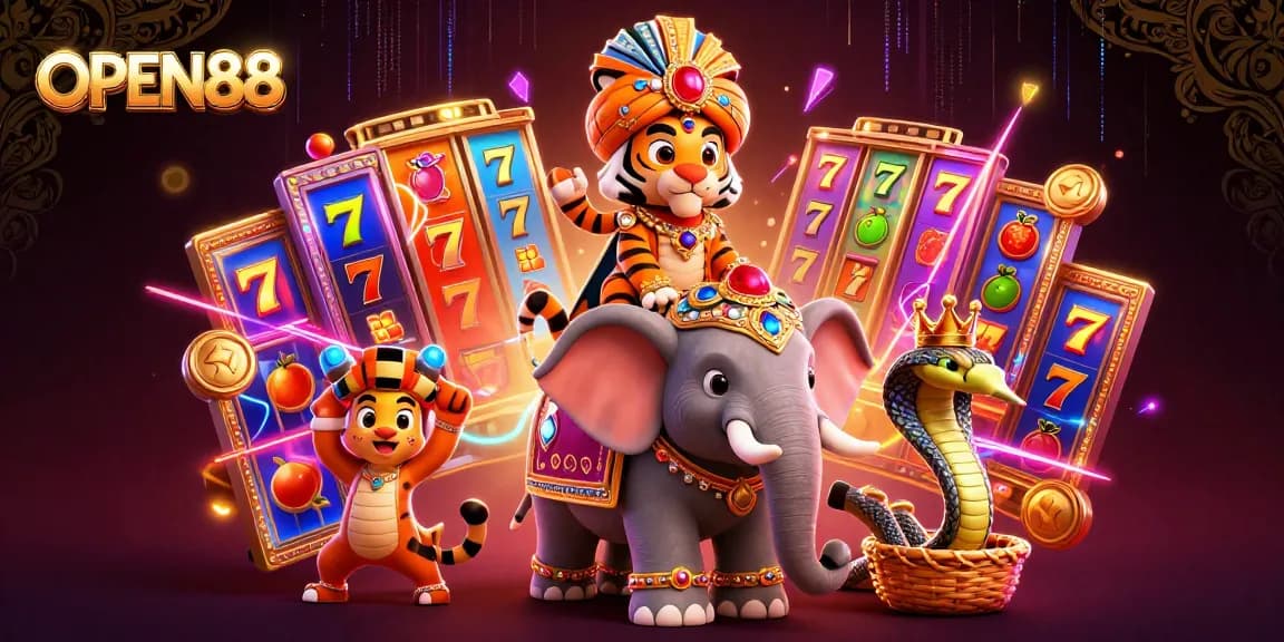 Experience the excitement of OPEN88 with a vibrant and dynamic casino scene featuring a maharaja, elephant, and charming cobra.