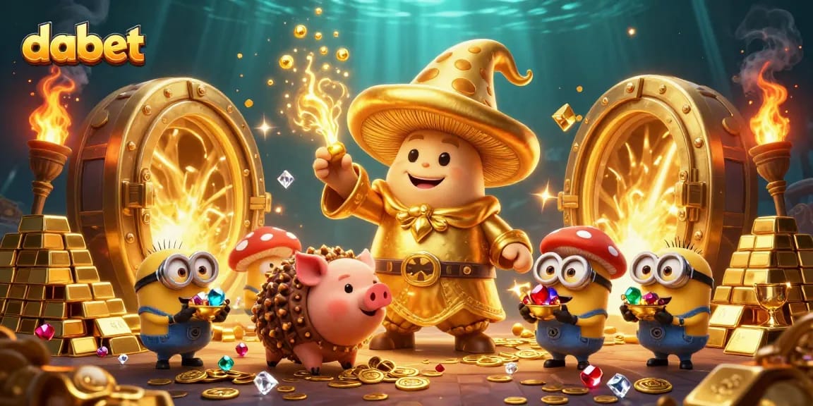 dabet's golden mushroom wizard casting magic in a vibrant casino treasure scene filled with gems.