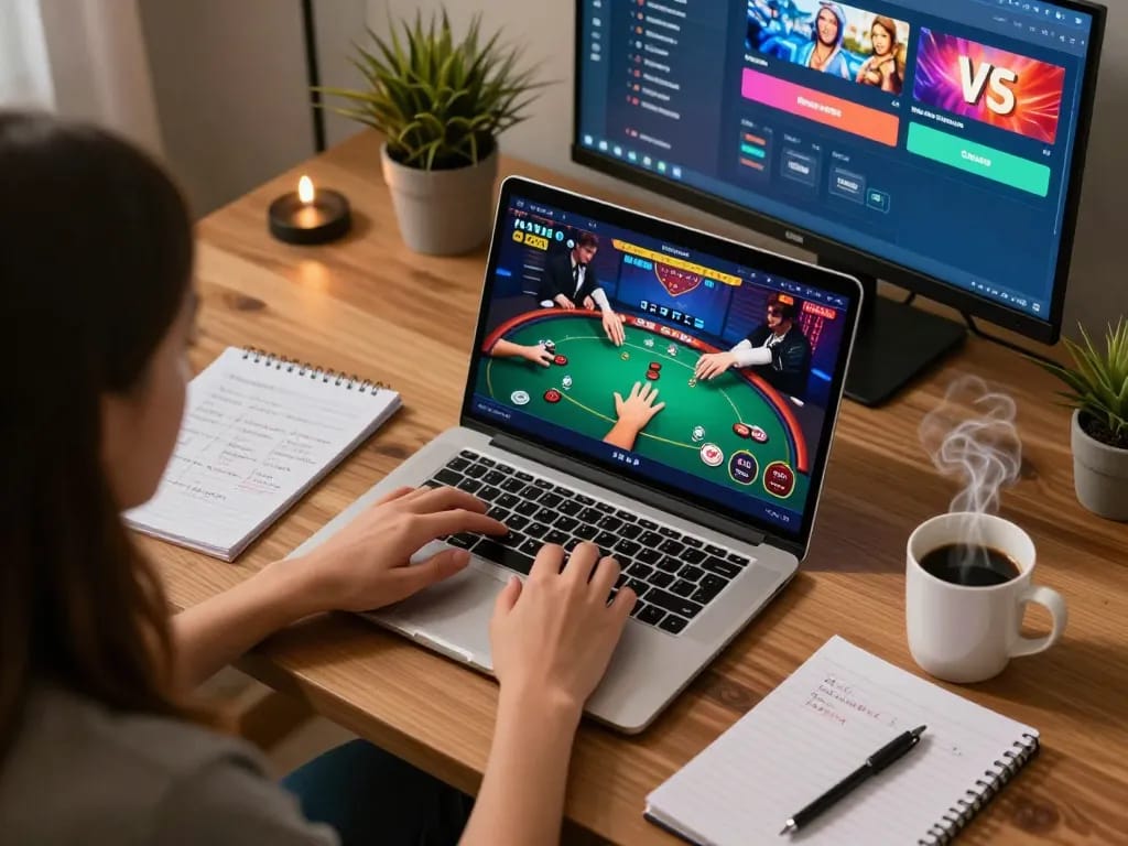 Engage with mb66-t in an immersive online poker session at home, showcasing strategy notes and a laptop.