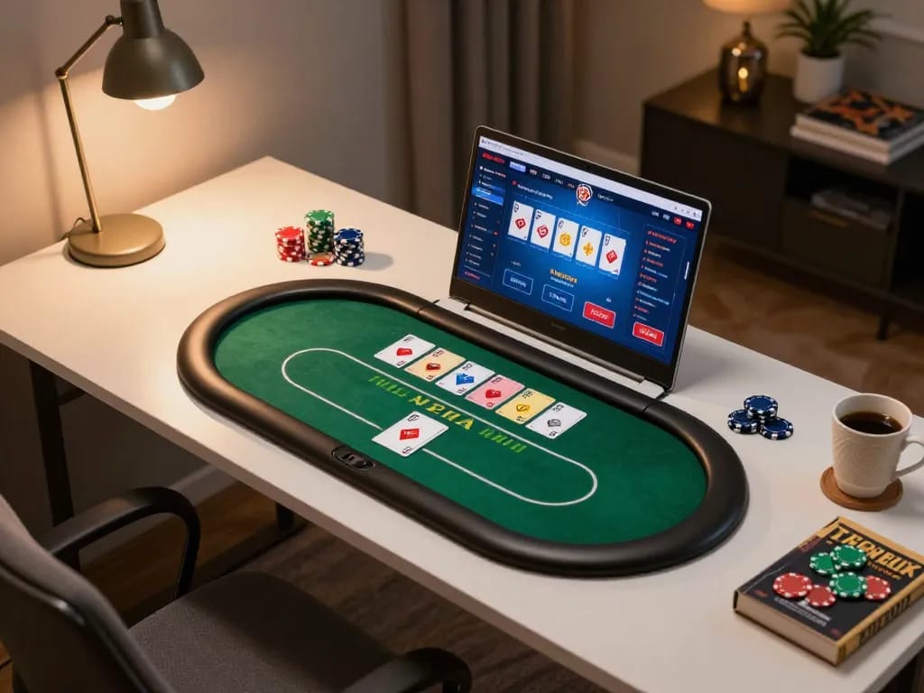Engaging gameplay of game bai doi thuong showcased on a laptop screen featuring poker cards and chips.