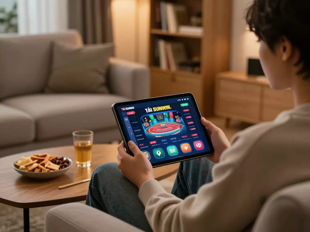 TẢI SUNWIN app interface shown on a tablet in a comfortable home gaming setup, highlighting online casino experience.