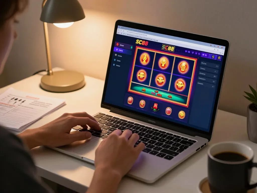 Engaging in SC88 online casino gameplay, showing a laptop interface and strategic notes.