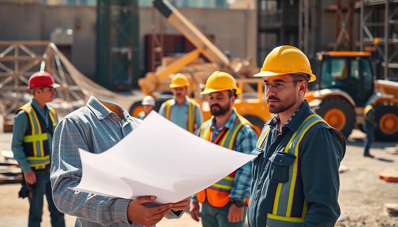 Construction career scene with workers collaborating on a job site, showcasing teamwork and professionalism.