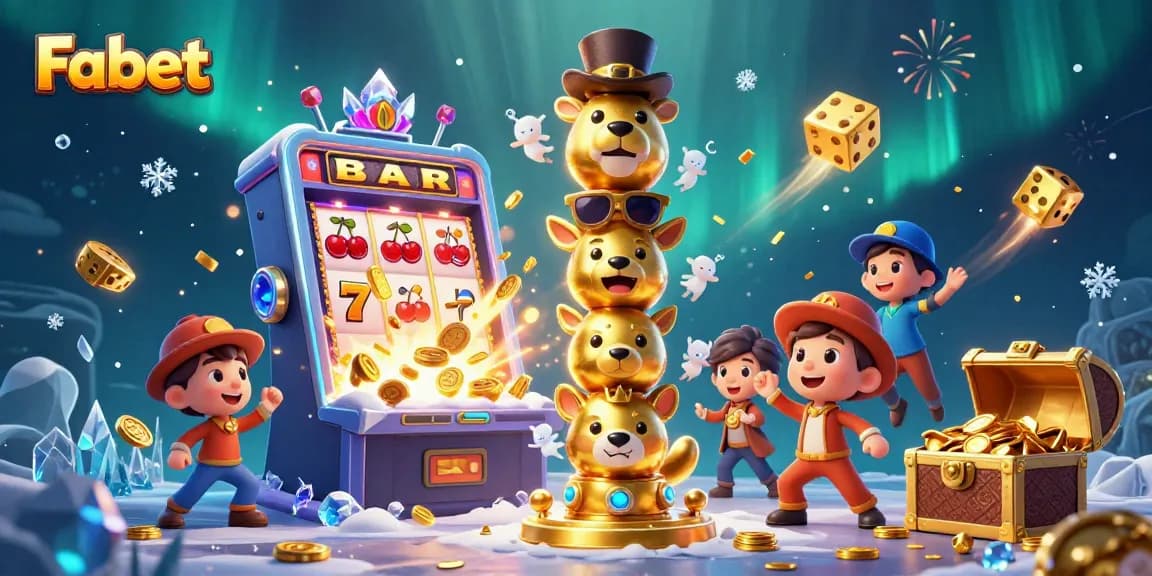 Experience the excitement of Fabet with a vibrant casino-themed 3D illustration featuring a totem pole and jackpot action.