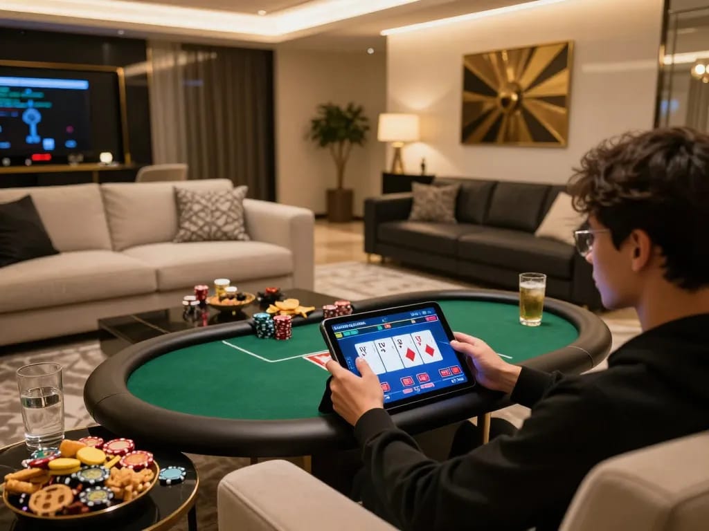 Experience high-stakes poker action at https://xkp88.com/ with a sleek tablet in a cozy modern living room.