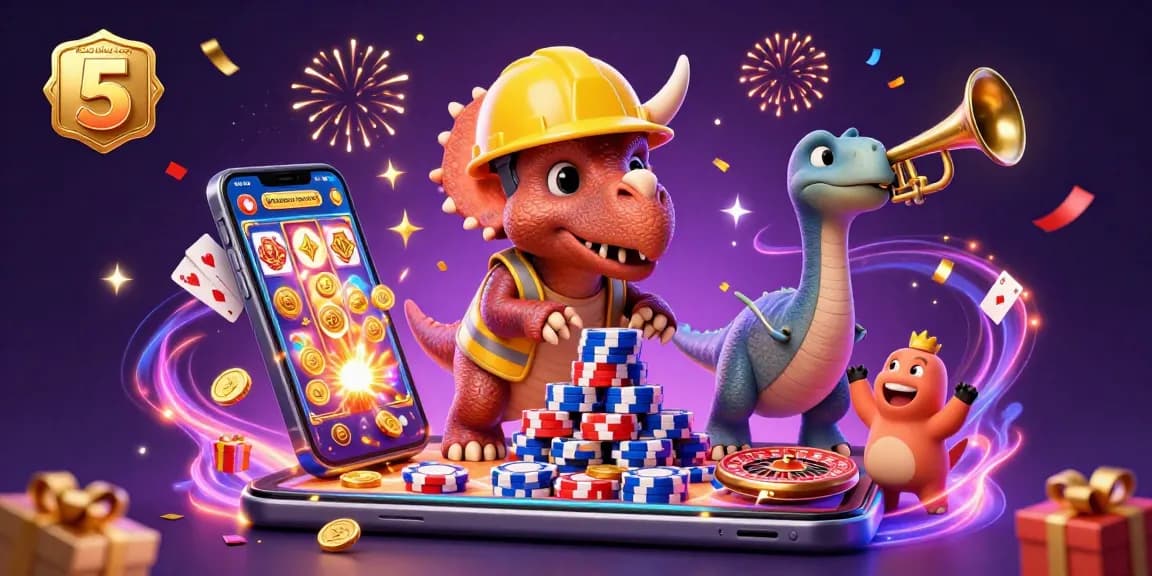 Experience the excitement of keo nha cai 5 with a vibrant 3D illustration featuring a triceratops stacking poker chips, symbolizing winning strategies in gambling.