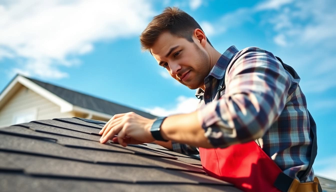 Expert roofing company evaluates shingles above a suburban home.